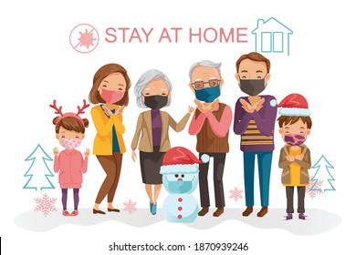 family mask for christmas. Prevent the spread covid. Stay at home and Social Distancing of New Normal in winter wearing a christmas hat label. Enter the New Year.
