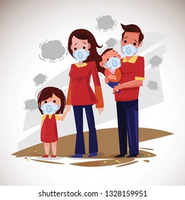 Family with mask for protect health from air pollution. pm1, pm2.5 or pm10 - vector illustration