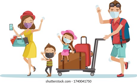 Family mask traval at the airport. Happy family tourist group.  Parents and children While traveling. New Normal concept. Cartoon of asian character family. illustration vector Isolated from white.