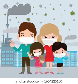 family in masks because of fine dust PM 2.5, covid-19 man and woman and child,wearing mask against smog. Fine dust, air pollution, industrial smog protection concept flat design vector illustration