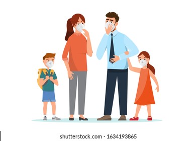 family with masks. Dirty environment from dust.  people wear mask protect a smoke PM2.5 and pollution fog. vector illustration cartoon character