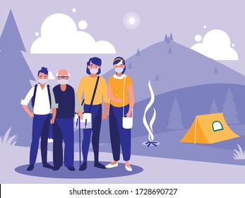 Family with masks in front of landscape with camping tent design of Covid 19 virus theme Vector illustration