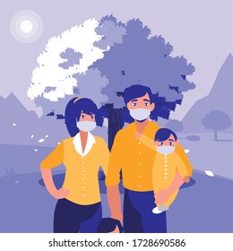 Family with masks in front of landscape design of Covid 19 virus theme Vector illustration
