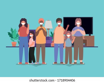 Family with masks at home design of Covid 19 virus theme Vector illustration