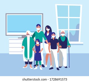Family with masks at home design of Covid 19 virus theme Vector illustration
