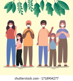Family with masks and leaves design of Covid 19 virus theme Vector illustration