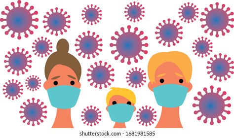 family in masks, mother, father and kid, coronavirus, virus pandemia vector art, illustration