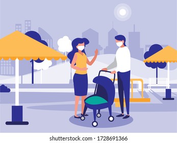 Family with masks at park design of Covid 19 virus theme Vector illustration