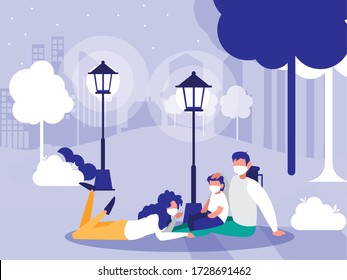 Family with masks at park design of Covid 19 virus theme Vector illustration