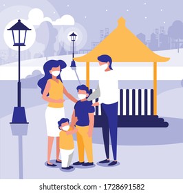 Family With Masks At Park Design Of Covid 19 Virus Theme Vector Illustration