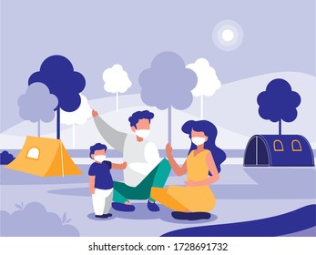 Family With Masks At Park Design Of Covid 19 Virus Theme Vector Illustration