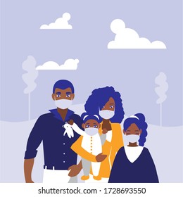 Family with masks at park design of Covid 19 virus theme Vector illustration