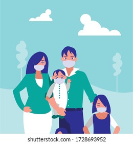 Family With Masks At Park Design Of Covid 19 Virus Theme Vector Illustration