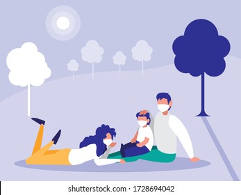 Family With Masks At Park Design Of Covid 19 Virus Theme Vector Illustration