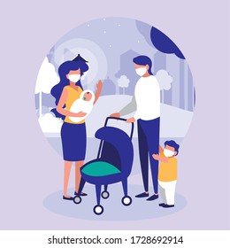 Family with masks at park in front of city design of Covid 19 virus theme Vector illustration