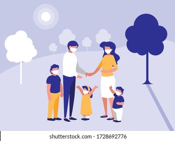 Family With Masks At Park With Trees Design Of Covid 19 Virus Theme Vector Illustration