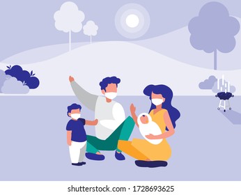 Family With Masks At Park With Trees Design Of Covid 19 Virus Theme Vector Illustration