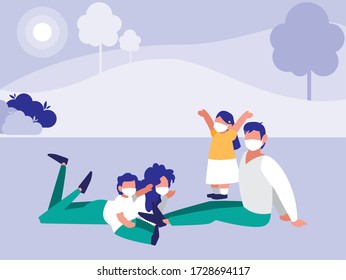 Family With Masks At Park With Trees Design Of Covid 19 Virus Theme Vector Illustration