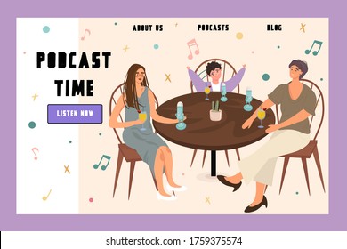 Family, maternal and female podcast. Nice flat vector studio for family podcasts. Radio host and guests at the table. Banner with Illustration for website media. Discussion of family problems.
