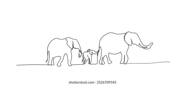 Asuntos Familiares. Ilustración de línea de elefante una línea Abstractas.  Elefante indio africano de la fauna. Vector hecho a mano, no IA.