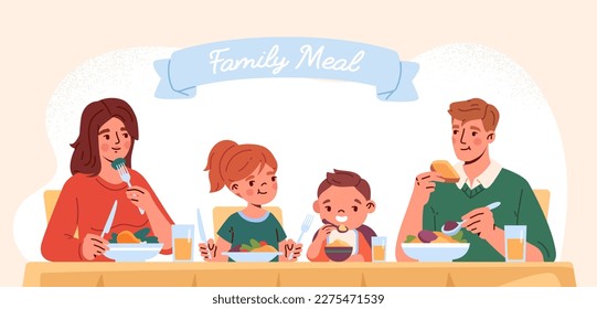 Family meal concept. Man and woman sit with children at table and eat bread with vegetables. Parents and children spend time together, enjoying eating. Cartoon flat vector illustration