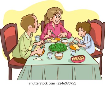 Family meal. Father mother, son and daughter together sit at the table and have lunch.cartoon Vector illustration 