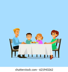 Family meal. Father mother, son and daughter together sit at the table and have lunch. Vector illustration in a flat style