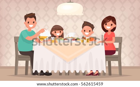 Family meal. Father mother, son and daughter together sit at the table and have lunch. Vector illustration in a flat style