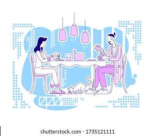 Family meal flat silhouette vector illustration. Man and woman sit at table and eat breakfast. Dinner, launch time. Couple outline characters on blue background. Morning routine simple style drawing