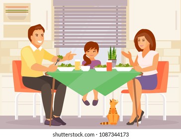 Family meal. Mother, father and daughter eat together at the table in the kitchen. Vector illustration