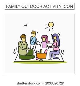 Family meal outside color icon. Family of parents and two kids on picnic in park.Mother, father and children eating in nature.Parents and offspring leisure. Isolated vector illustration