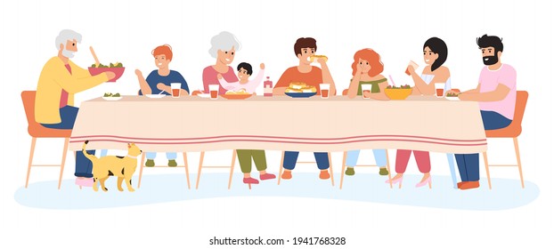 Family meal. People dining together, family eating delicious holiday meals. Dinner within family circle vector illustration set