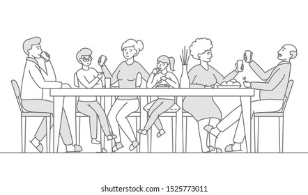 Family meal. Young and old family members talking and eat at the table. Dinner. linear vector illustration. Editable stroke