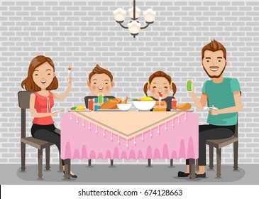 Família refeição.Pai, mãe, filho e filha juntos felizes sentar-se à mesa e ter jantar.Gráficos vetoriais padrão criativos para você usar como ilustrações. Desenhos animados para impressão.Fundo isolado