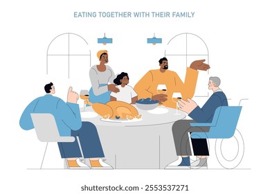 Family mealtime concept. Diverse members gather around the dining table enjoying food and conversation. Unity, home dining, togetherness. Vector illustration.