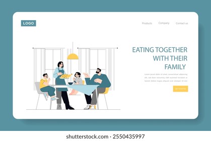 Family Mealtime concept. An illustration capturing a family enjoying a meal together around a dining table in a cozy home setting. Vector illustration.