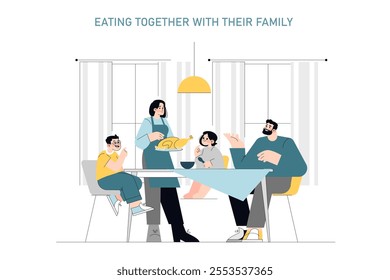 Family mealtime concept. A warm scene of four family members enjoying a meal together at home. Domestic harmony and food bonding moments. Vector illustration.