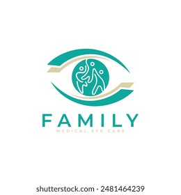 Family Medical Eye Care Logo Design. Symbol der Familiengruppe kombiniert mit Augenform. Moderne Design-Vorlage.