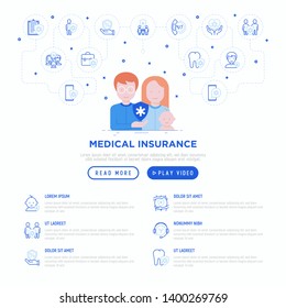 Family medical insurance web page template. Thin line icons: policy, life insurance, psychological support, maternity program, 24/7 support, mobile app, telemedicine. Modern vector illustration.
