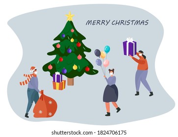 Family in Medical Mask Celebrating Christmas and New Year during Quarantine.Christmas Party in Covid 19.Winter Holidays in Coronavirus.Characters in Santa Hats with Tree.Vector Illustration