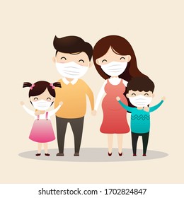 Family in medical masks. Family is protecting their children and them from virus COVID-19 and are wearing masks and stop the spread of viruses.  Vector, illustration, ,flat style, esp.