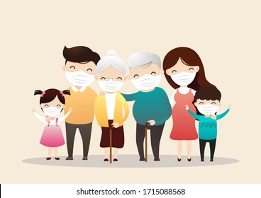 Family in medical masks. Family is protecting their children and them from virus COVID-19 and are wearing masks and stop the spread of viruses.  Vector, illustration, ,flat style, esp.