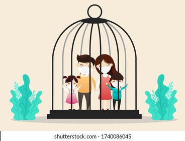 Family in medical masks. Family is protecting their children and them from virus COVID-19 and are wearing masks and stop the spread of viruses in bird cage.  Vector, illustration,flat style, esp.