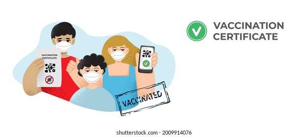 Family in medical masks with QR codes on the phone monitor. Banner template of vaccination certificate during a pandemic. Certificate of vaccination. Digital immune passport. Vector illustration