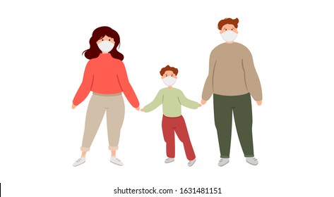 Family in medical masks safe from the virus. Mother, father and son holding hands. Colorful vector illustration isolated on white background. Epidemic and quarantine concept. Characters design. 

