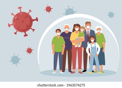 A family in medical masks stands in a bubble around which the virus is spreading. The concept of collective immunity and protection from corona.