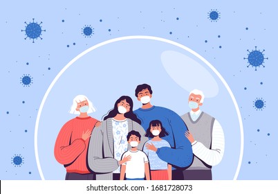 Family in medical masks stands in a protective bubble. Adults, old people and children are protected from the new coronavirus COVID-2019