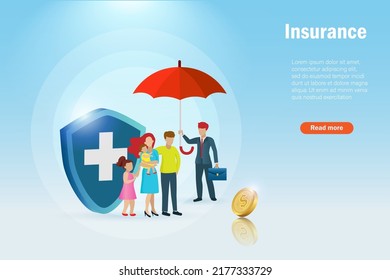 Family with medical shield insurance. Insurance agent hold red umbrella protect big family. Medical and healthcare insurance planning for family protection concept.  