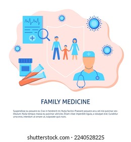 Family medicine banner with place for text. Medical clinic, diagnostics and analysis, doctor symbol. Vector illustration.