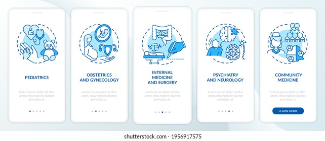 Family medicine components blue onboarding mobile app page screen with concepts. Healthcare walkthrough 5 steps graphic instructions. UI, UX, GUI vector template with linear color illustration